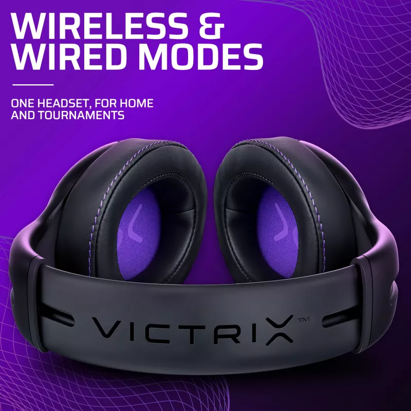 Peakomplekt VICTRIX Gambit Wireless — juhtmega ja juhtmevaba, 20–20000 Hz, 2 m kaabel, 301 g, must/lilla