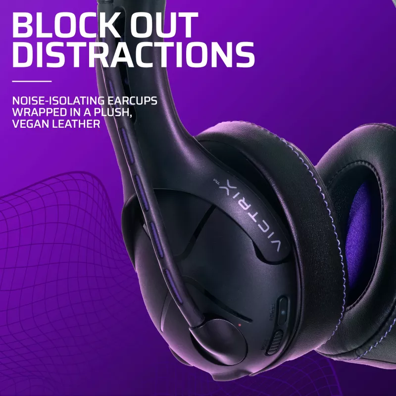 Peakomplekt VICTRIX Gambit Wireless — juhtmega ja juhtmevaba, 20–20000 Hz, 2 m kaabel, 301 g, must/lilla
