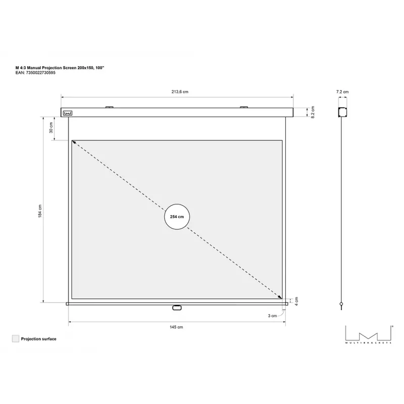 Multibrackets M 4:3 manuaalne projektsiooniekraan 200x150, 100 tolli