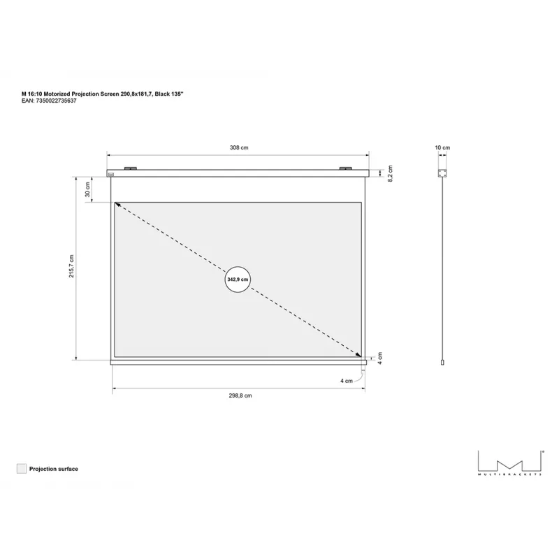 Motoriseeritud projektsiooniekraan MULTIBRACKETS M 16:10 135 tolli — mattvalge pind, vaadatav laius 2,91 m, motoriseeritud ajam