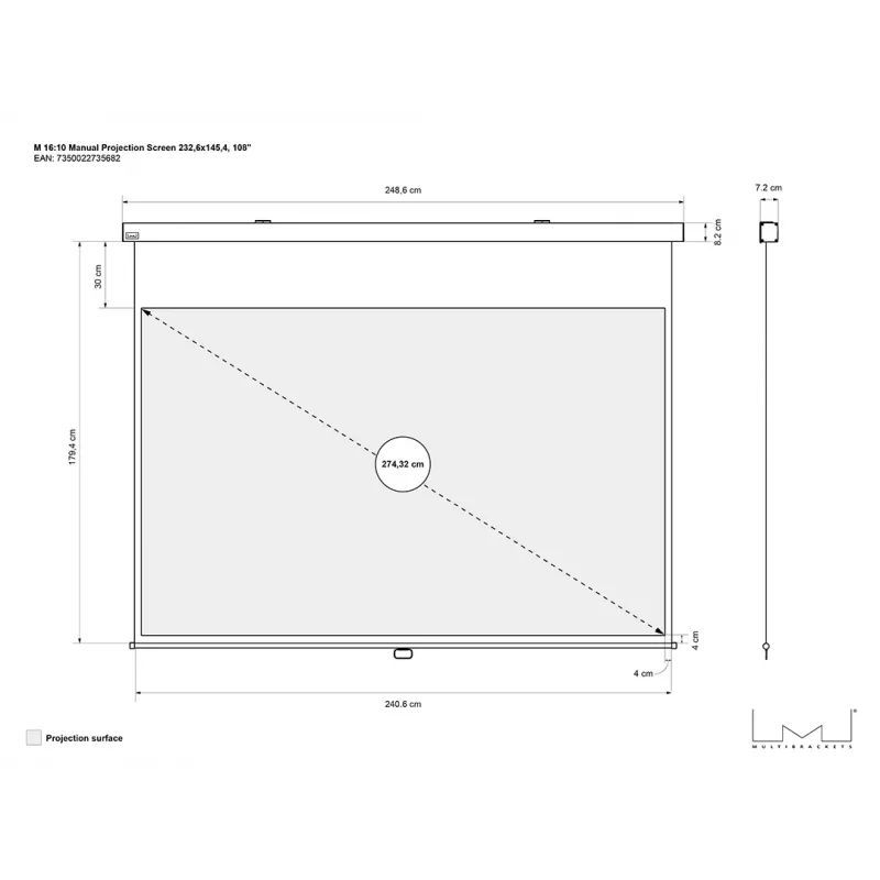 Multibrackets M 16:10 manuaalprojektsiooniekraan 232,6x145,4, 108 tolli