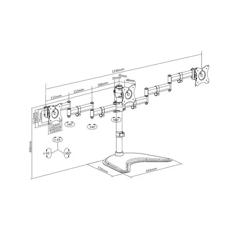 Monitor Desk Stand MULTIBRACKETS M Deskstand Basic Triple — 3-way, VESA 75x75–100x100, supports up to 24 kg, for 15 inch–27 inch screens, Must