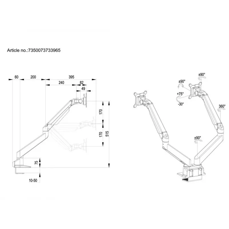 Multibrackets M VESA gaasvedruga topeltekraani klamberkinnitus must 20 kg 15-32 tolli