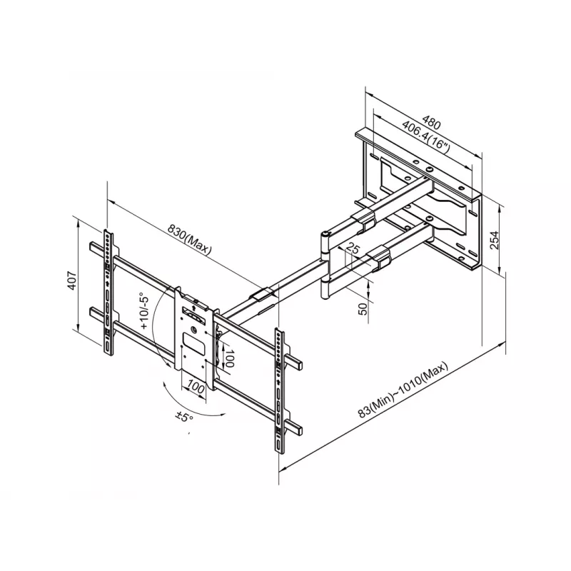 Multibrackets M Universal Long Reach Arm 1010mm HD Single 40kg 42-75 tolli