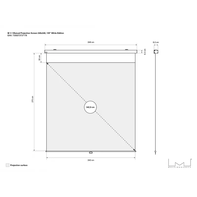 Multibrackets M 1:1 manuaalne projektsiooniekraan 240x240, 135 tolli valge väljaanne