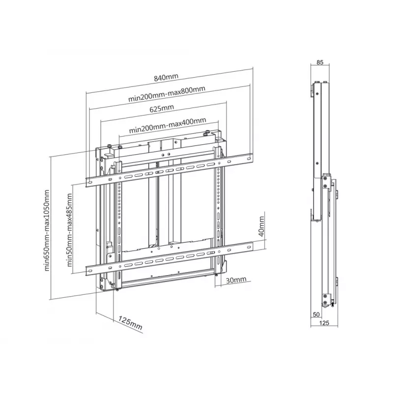 Seinakinnitus M MULTIBRACKETS Counterbalanced HD 37–55-tollistele teleritele, VESA 200x200–800x400, 23–40 kg, kõrguse reguleerimine 0–400 mm, must