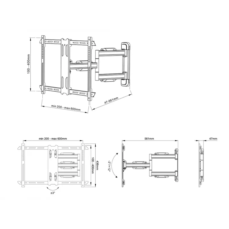 TV-seinakinnitus Multibrackets M Universal Flexarm Pro Single Must — 40 kg, VESA 200x200–600x400, 40 tolli–70 tolli
