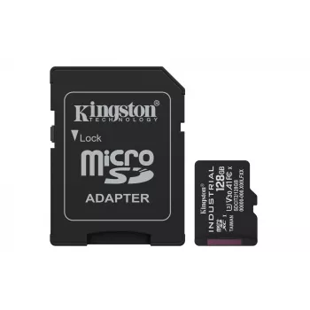 MicroSDXC välkmälukaart Kingston 128 GB Industrial C10 A1 pSLC UHS-I, 100 MB/s lugemine, 80 MB/s kirjutamine, V30/U3, must + SD-adapter