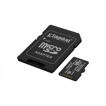 MicroSDXC välkmälukaart Kingston 128 GB Industrial C10 A1 pSLC UHS-I, 100 MB/s lugemine, 80 MB/s kirjutamine, V30/U3, must + SD-adapter