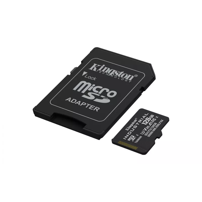 MicroSDXC välkmälukaart Kingston 128 GB Industrial C10 A1 pSLC UHS-I, 100 MB/s lugemine, 80 MB/s kirjutamine, V30/U3, must + SD-adapter