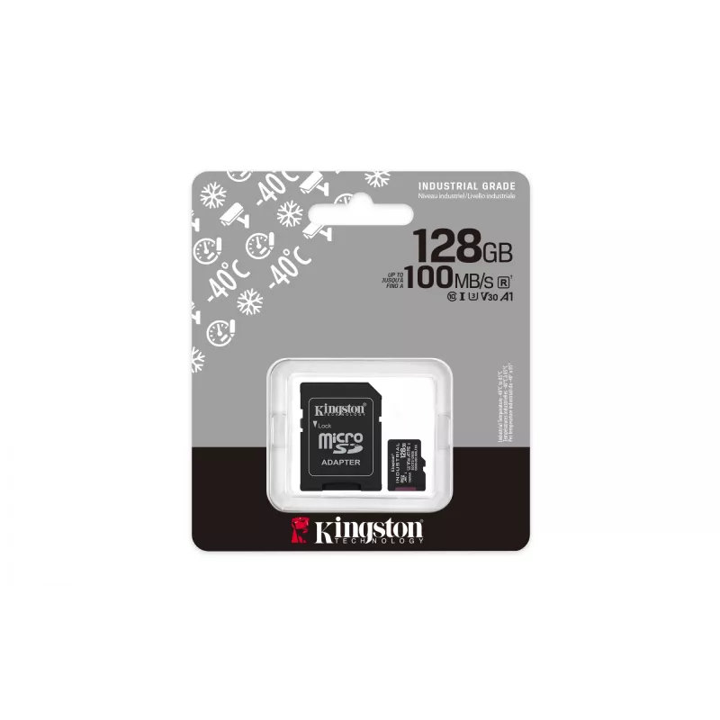 MicroSDXC välkmälukaart Kingston 128 GB Industrial C10 A1 pSLC UHS-I, 100 MB/s lugemine, 80 MB/s kirjutamine, V30/U3, must + SD-adapter
