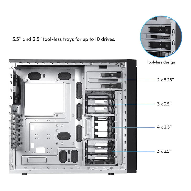 Arvutikorpus CHIEFTEC BW-01B-OP Midi Tower ATX/ITX, toetab 6×3.5 tolli + 4×2.5 tolli, 2×5.25 tolli, taga 1×120 mm, SGCC, must, 200×510×465 mm