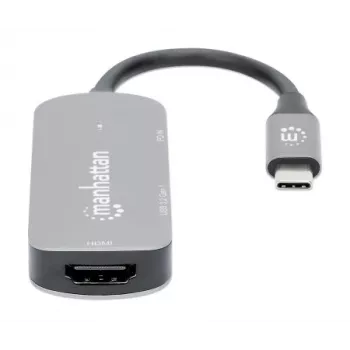 Manhattan USB-C dokk/jaotur, pordid (x3): HDMI, USB-A ja USB-C, toiteedastusega (PD) 100 W – vajab välist USB-C laadijat (ei kuulu komplekti). USB-toitega (välist toiteallikat pole vaja), kui PD ei kasutata, Alumiinium