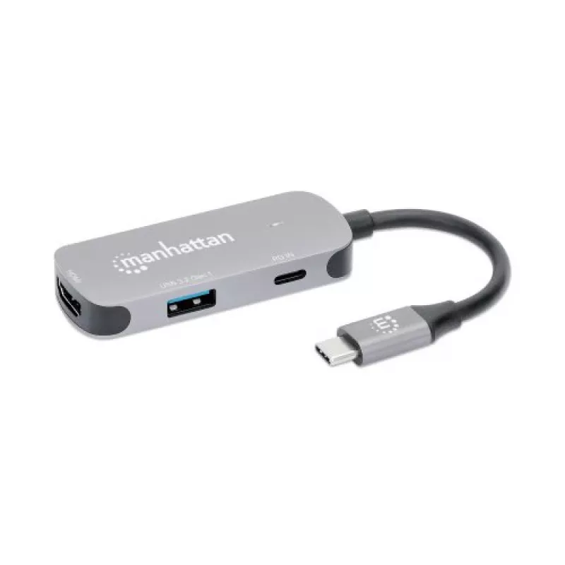 Manhattan USB-C dokk/jaotur, pordid (x3): HDMI, USB-A ja USB-C, toiteedastusega (PD) 100 W – vajab välist USB-C laadijat (ei kuulu komplekti). USB-toitega (välist toiteallikat pole vaja), kui PD ei kasutata, Alumiinium