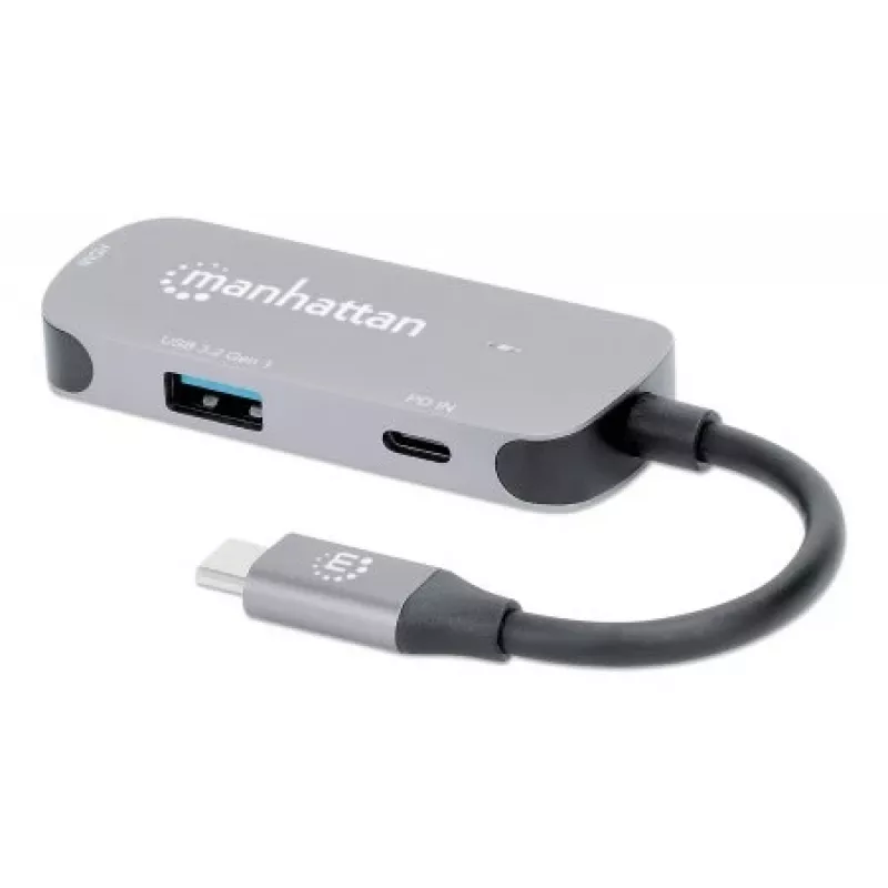 Manhattan USB-C dokk/jaotur, pordid (x3): HDMI, USB-A ja USB-C, toiteedastusega (PD) 100 W – vajab välist USB-C laadijat (ei kuulu komplekti). USB-toitega (välist toiteallikat pole vaja), kui PD ei kasutata, Alumiinium
