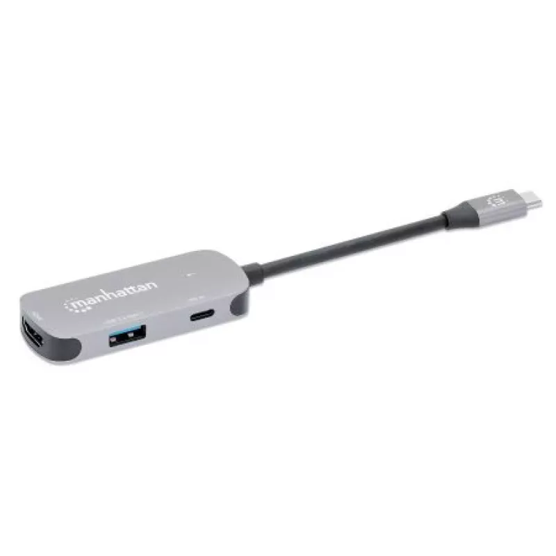 Manhattan USB-C dokk/jaotur, pordid (x3): HDMI, USB-A ja USB-C, toiteedastusega (PD) 100 W – vajab välist USB-C laadijat (ei kuulu komplekti). USB-toitega (välist toiteallikat pole vaja), kui PD ei kasutata, Alumiinium