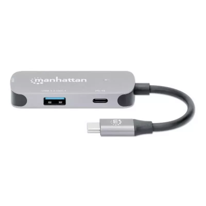 Manhattan USB-C dokk/jaotur, pordid (x3): HDMI, USB-A ja USB-C, toiteedastusega (PD) 100 W – vajab välist USB-C laadijat (ei kuulu komplekti). USB-toitega (välist toiteallikat pole vaja), kui PD ei kasutata, Alumiinium