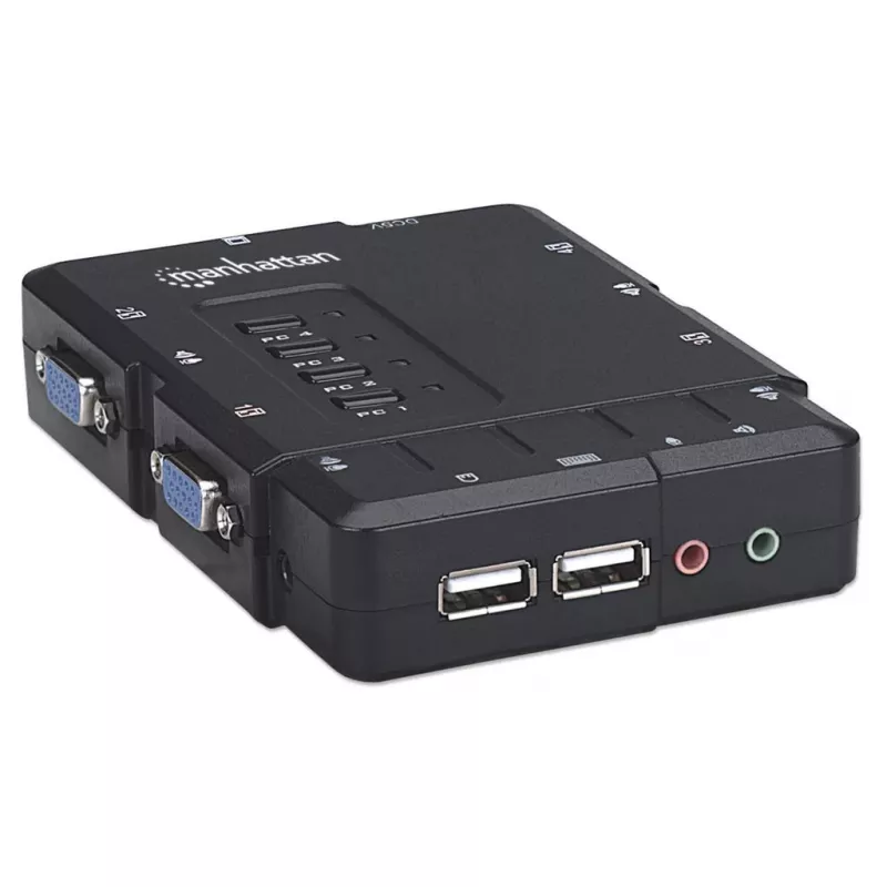 Manhattan KVM Switch Compact 4-Port, 4x USB-A, kaablid kaasas, helitugi, juhtige 4 arvutit ühe arvuti/hiire/ekraaniga, must, eluaegne garantii, karbis