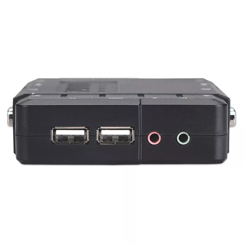 Manhattan KVM Switch Compact 4-Port, 4x USB-A, kaablid kaasas, helitugi, juhtige 4 arvutit ühe arvuti/hiire/ekraaniga, must, eluaegne garantii, karbis