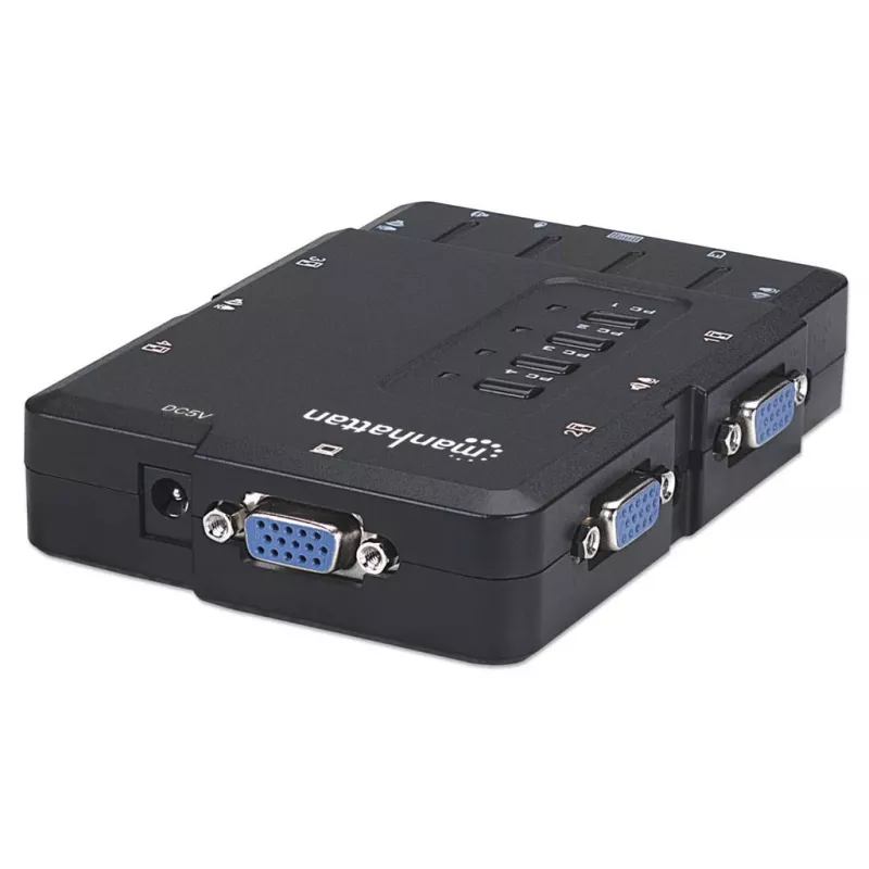 Manhattan KVM Switch Compact 4-Port, 4x USB-A, kaablid kaasas, helitugi, juhtige 4 arvutit ühe arvuti/hiire/ekraaniga, must, eluaegne garantii, karbis