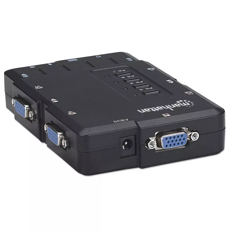 Manhattan KVM Switch Compact 4-Port, 4x USB-A, kaablid kaasas, helitugi, juhtige 4 arvutit ühe arvuti/hiire/ekraaniga, must, eluaegne garantii, karbis