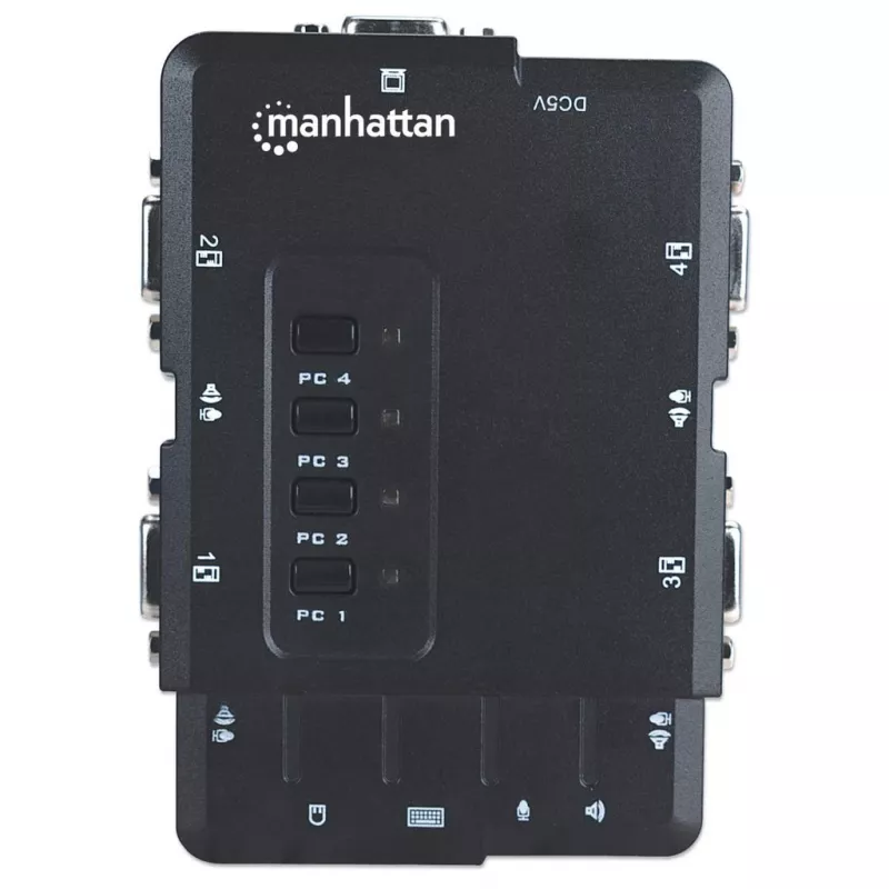 Manhattan KVM Switch Compact 4-Port, 4x USB-A, kaablid kaasas, helitugi, juhtige 4 arvutit ühe arvuti/hiire/ekraaniga, must, eluaegne garantii, karbis