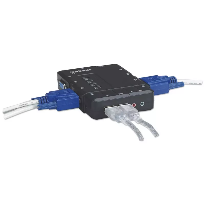 Manhattan KVM Switch Compact 4-Port, 4x USB-A, kaablid kaasas, helitugi, juhtige 4 arvutit ühe arvuti/hiire/ekraaniga, must, eluaegne garantii, karbis