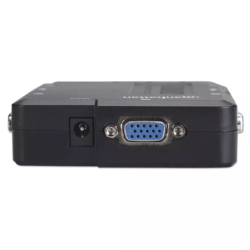 Manhattan KVM Switch Compact 4-Port, 4x USB-A, kaablid kaasas, helitugi, juhtige 4 arvutit ühe arvuti/hiire/ekraaniga, must, eluaegne garantii, karbis