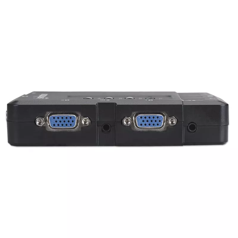 Manhattan KVM Switch Compact 4-Port, 4x USB-A, kaablid kaasas, helitugi, juhtige 4 arvutit ühe arvuti/hiire/ekraaniga, must, eluaegne garantii, karbis