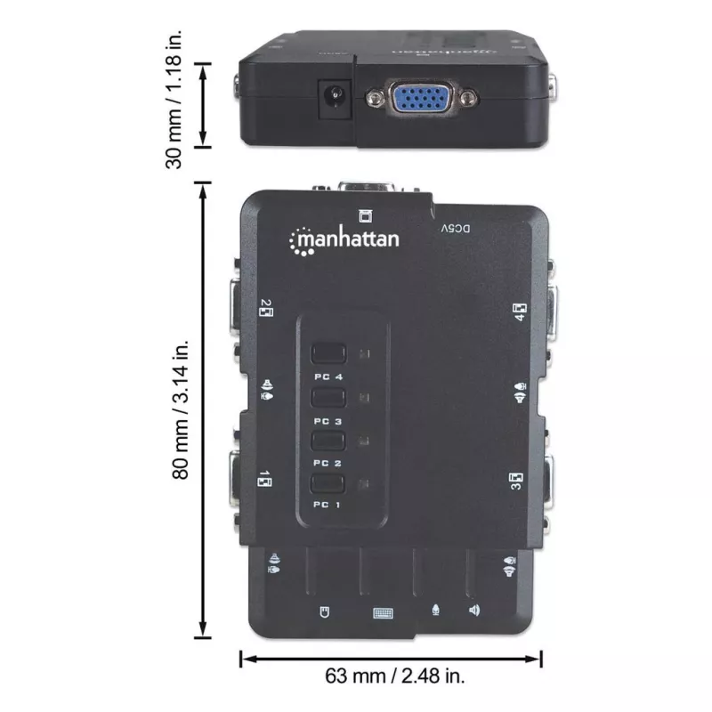 Manhattan KVM Switch Compact 4-Port, 4x USB-A, kaablid kaasas, helitugi, juhtige 4 arvutit ühe arvuti/hiire/ekraaniga, must, eluaegne garantii, karbis