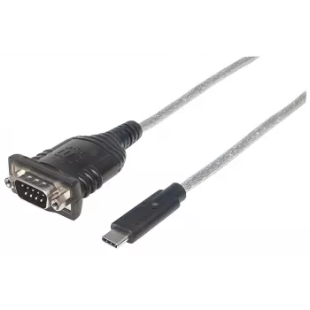 Manhattan USB-C jadaadapter, isane-isanele, USB-C jada-/RS232/COM/DB9 port, Prolific PL-2303RA kiip, kaabel 45 cm, hõbedane/must, polükott