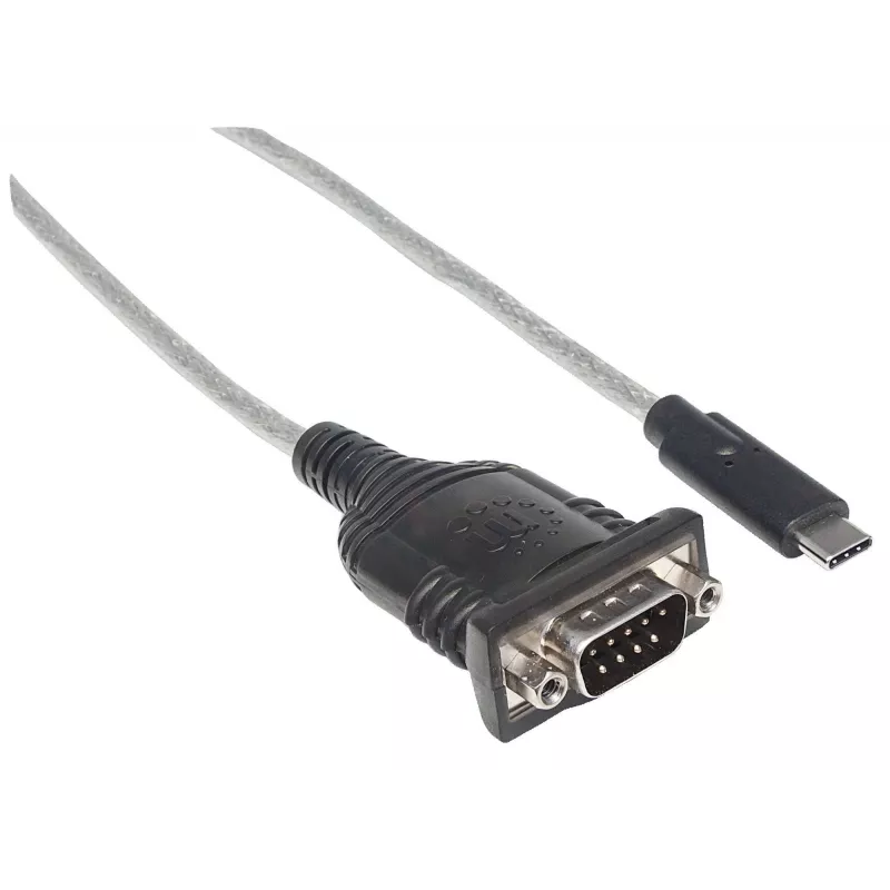 Manhattan USB-C jadaadapter, isane-isanele, USB-C jada-/RS232/COM/DB9 port, Prolific PL-2303RA kiip, kaabel 45 cm, hõbedane/must, polükott