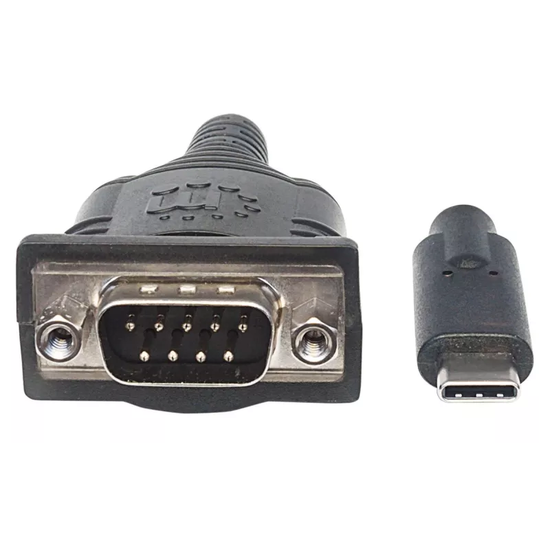 Manhattan USB-C jadaadapter, isane-isanele, USB-C jada-/RS232/COM/DB9 port, Prolific PL-2303RA kiip, kaabel 45 cm, hõbedane/must, polükott