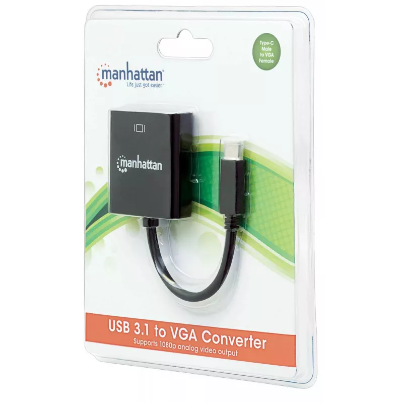 Manhattan USB-C VGA-pistikupesaga muundurkaabel, 1080p@60Hz, must, 8cm, isane-emane, eluaegne garantii, samaväärne mudel CDP2HD