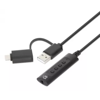 Manhattan USB-C ja USB-A 3,5 mm stereoheliadapteri kaabel, 2-ühes, isane emasele, kaabel 1 m, toetab peakomplekti mikrofoni ja helifunktsiooni, CTIA standard, helitugevuse ja vaigistuse juhtimine, must