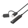 Manhattan USB-C ja USB-A 3,5 mm stereoheliadapteri kaabel, 2-ühes, isane emasele, kaabel 1 m, toetab peakomplekti mikrofoni ja helifunktsiooni, CTIA standard, helitugevuse ja vaigistuse juhtimine, must