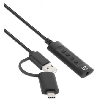 Manhattan USB-C ja USB-A 3,5 mm stereoheliadapteri kaabel, 2-ühes, isane emasele, kaabel 1 m, toetab peakomplekti mikrofoni ja helifunktsiooni, CTIA standard, helitugevuse ja vaigistuse juhtimine, must