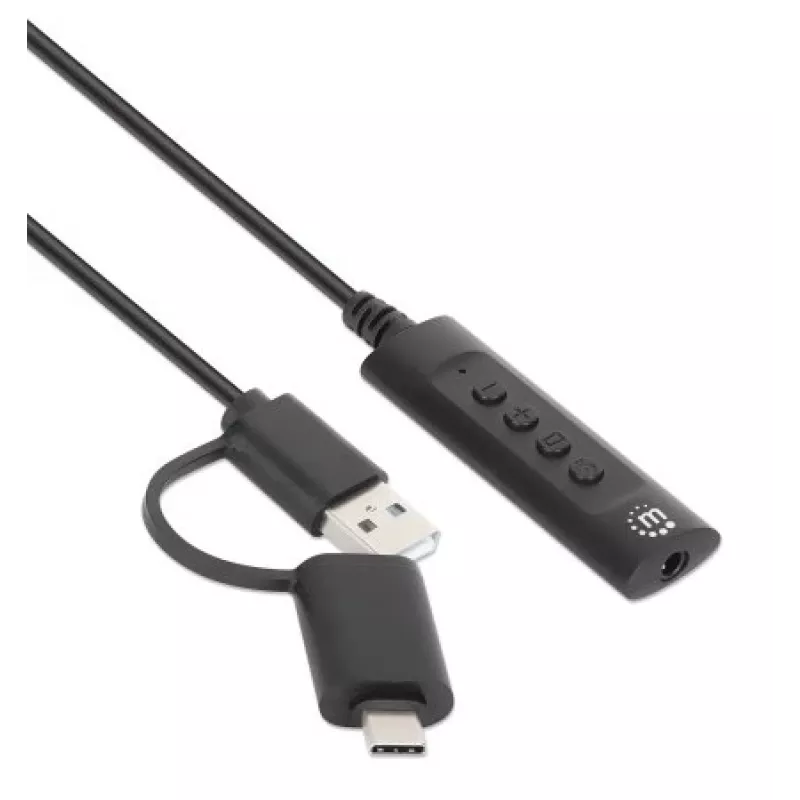 Manhattan USB-C ja USB-A 3,5 mm stereoheliadapteri kaabel, 2-ühes, isane emasele, kaabel 1 m, toetab peakomplekti mikrofoni ja helifunktsiooni, CTIA standard, helitugevuse ja vaigistuse juhtimine, must