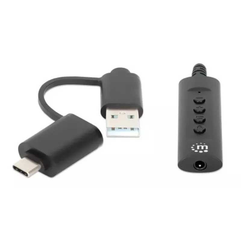Manhattan USB-C ja USB-A 3,5 mm stereoheliadapteri kaabel, 2-ühes, isane emasele, kaabel 1 m, toetab peakomplekti mikrofoni ja helifunktsiooni, CTIA standard, helitugevuse ja vaigistuse juhtimine, must