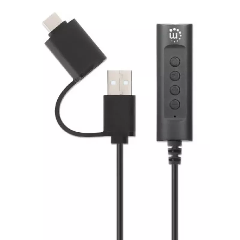 Manhattan USB-C ja USB-A 3,5 mm stereoheliadapteri kaabel, 2-ühes, isane emasele, kaabel 1 m, toetab peakomplekti mikrofoni ja helifunktsiooni, CTIA standard, helitugevuse ja vaigistuse juhtimine, must