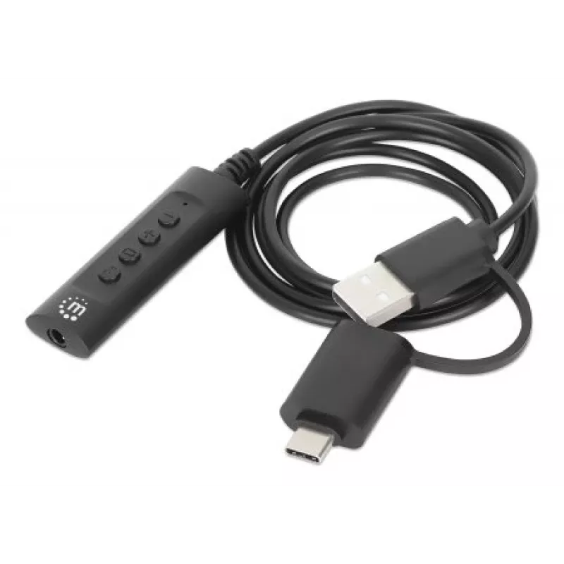 Manhattan USB-C ja USB-A 3,5 mm stereoheliadapteri kaabel, 2-ühes, isane emasele, kaabel 1 m, toetab peakomplekti mikrofoni ja helifunktsiooni, CTIA standard, helitugevuse ja vaigistuse juhtimine, must