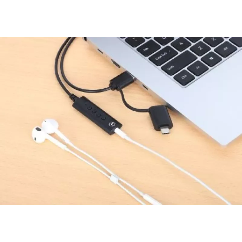 Manhattan USB-C ja USB-A 3,5 mm stereoheliadapteri kaabel, 2-ühes, isane emasele, kaabel 1 m, toetab peakomplekti mikrofoni ja helifunktsiooni, CTIA standard, helitugevuse ja vaigistuse juhtimine, must