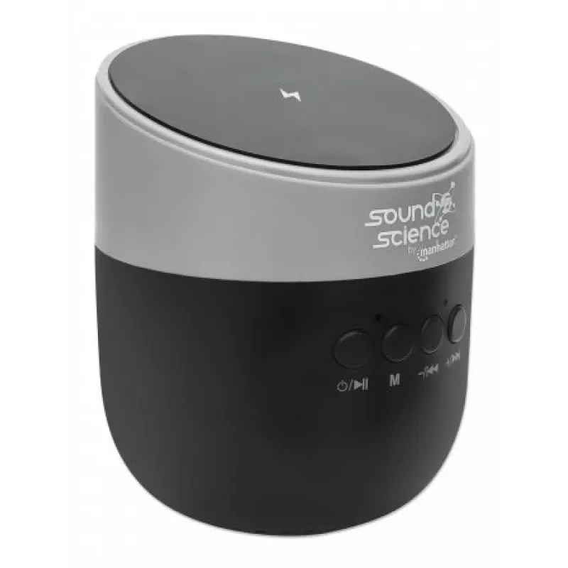 Manhattan Metallic Bluetooth-kõlar juhtmevaba laadimisalusega, korralik heliväljund (3 W), 3 tundi taasesitusaega, juhtmevaba alus 5 W, integreeritud juhtnupud, leviulatus 10 m, microSD-kaardilugeja, USB-A laadimiskaabel kaasas, Bluetooth 5.0, 3-aastane garantii