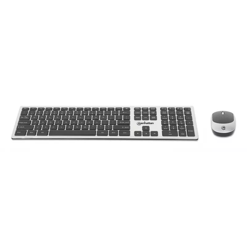 Manhattan One Single USB-A Nano vastuvõtja mõlemale, täissuuruses juhtmevaba klaviatuur, mõlemakäeline optiline hiir kolme nupu ja kerimisrattaga, 1200 dpi, hõbedane/must