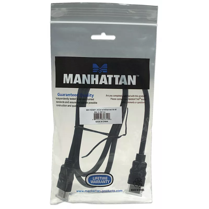 Manhattan HDMI 4K@30Hz kaabel Ethernetiga, 1m, sobib KÕIGIKS 1080p/HD ja enamikuks 4K rakendusteks (kontrollige oma süsteemi 4K spetsifikatsiooni, et olla kindel), Isane-Isane, Must, Ultra HD 4k x 2k, Eluaegne garantii, Kiire, Vastab HDMM1MHS-le