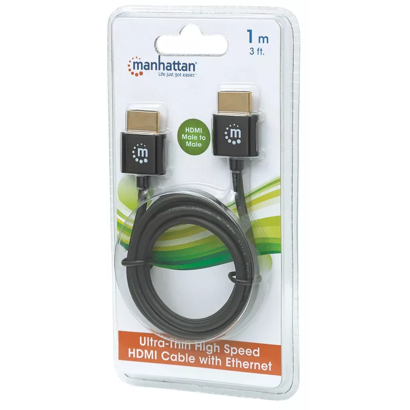 Manhattan HDMI-kaabel Ethernetiga (ülipaksus), 4K@60Hz (Premium High Speed), 1m, isane-isanele, must, Ultra HD 4k x 2k, täielikult varjestatud, kullatud kontaktid, eluaegne garantii