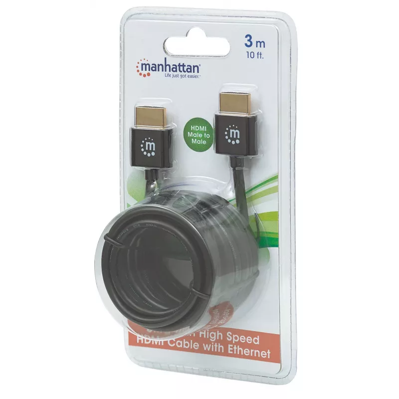 Manhattan HDMI-kaabel Ethernetiga (ülipaks), 4K@60Hz (Premium High Speed), 3 m, isane-isasele, must, Ultra HD 4k x 2k, täielikult varjestatud, kullatud kontaktid, eluaegne garantii