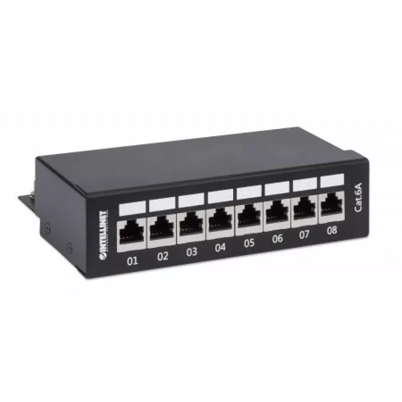 Intellinet patch-paneel, Cat6a, FTP, 8-pordiga, lauaarvuti, varjestatud, 90° ülalt sisenevad löökplokid, must