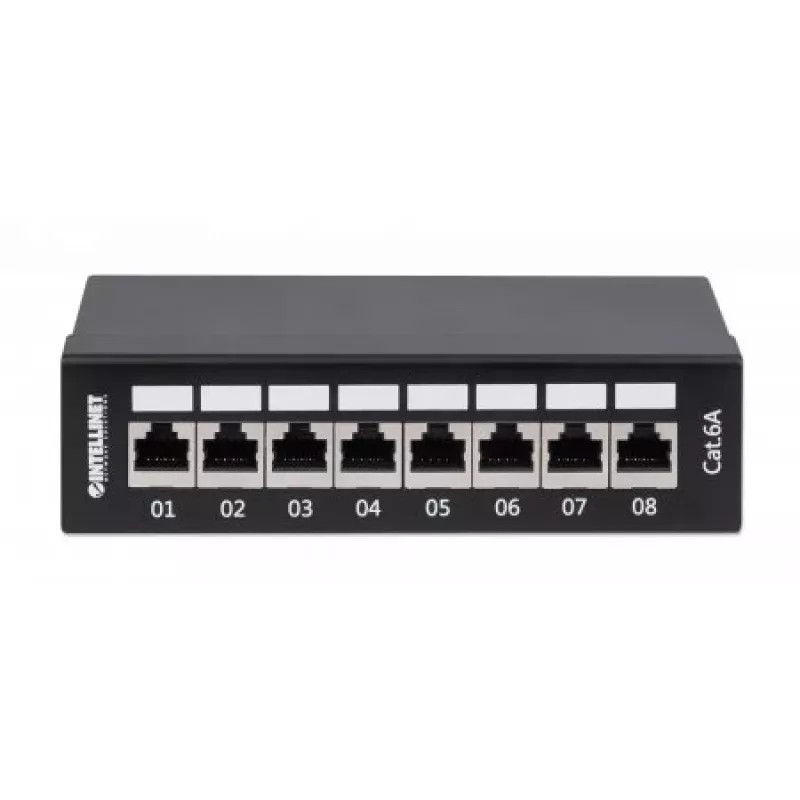 Intellinet patch-paneel, Cat6a, FTP, 8-pordiga, lauaarvuti, varjestatud, 90° ülalt sisenevad löökplokid, must