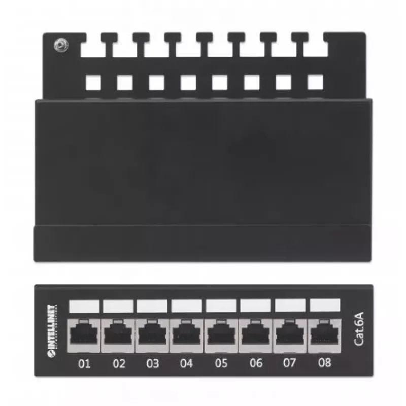Intellinet patch-paneel, Cat6a, FTP, 8-pordiga, lauaarvuti, varjestatud, 90° ülalt sisenevad löökplokid, must